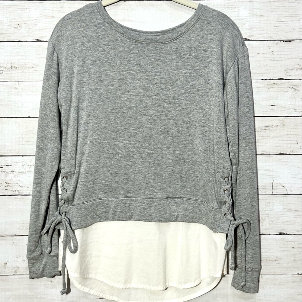 WHBM Long Sleeve Lace Up Sweatshirt with Faux Layer Shirt, Women’s size XS - Picture 8 of 10